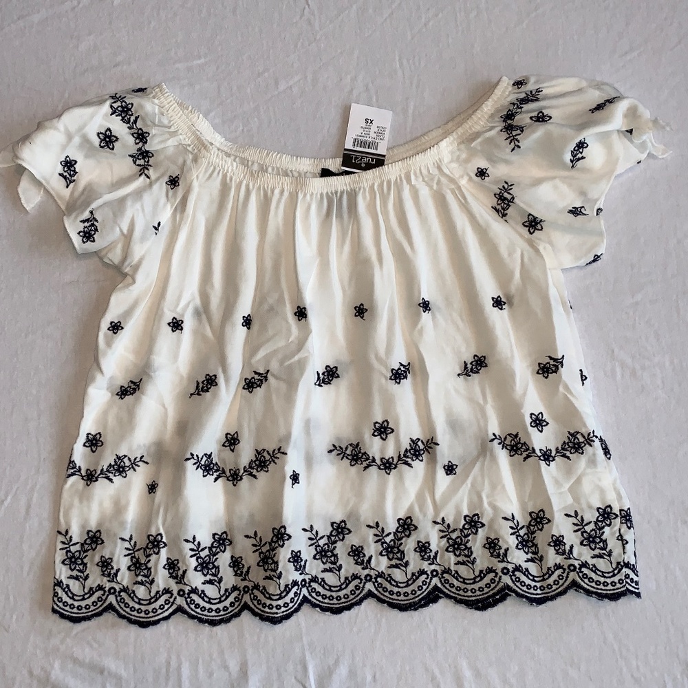 Off The Shoulder White & Blue Top